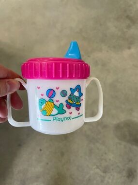 Playtex White Sippy Cup with Pink Lid and Blue Spout 1997